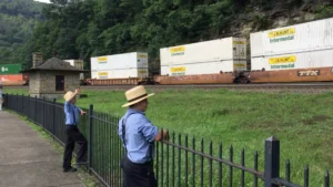 A picture of green yard and two persons.